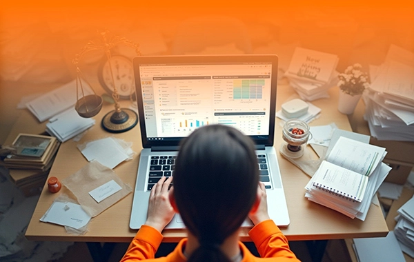 Solution of payroll and HR working woman with labtop for mobile view